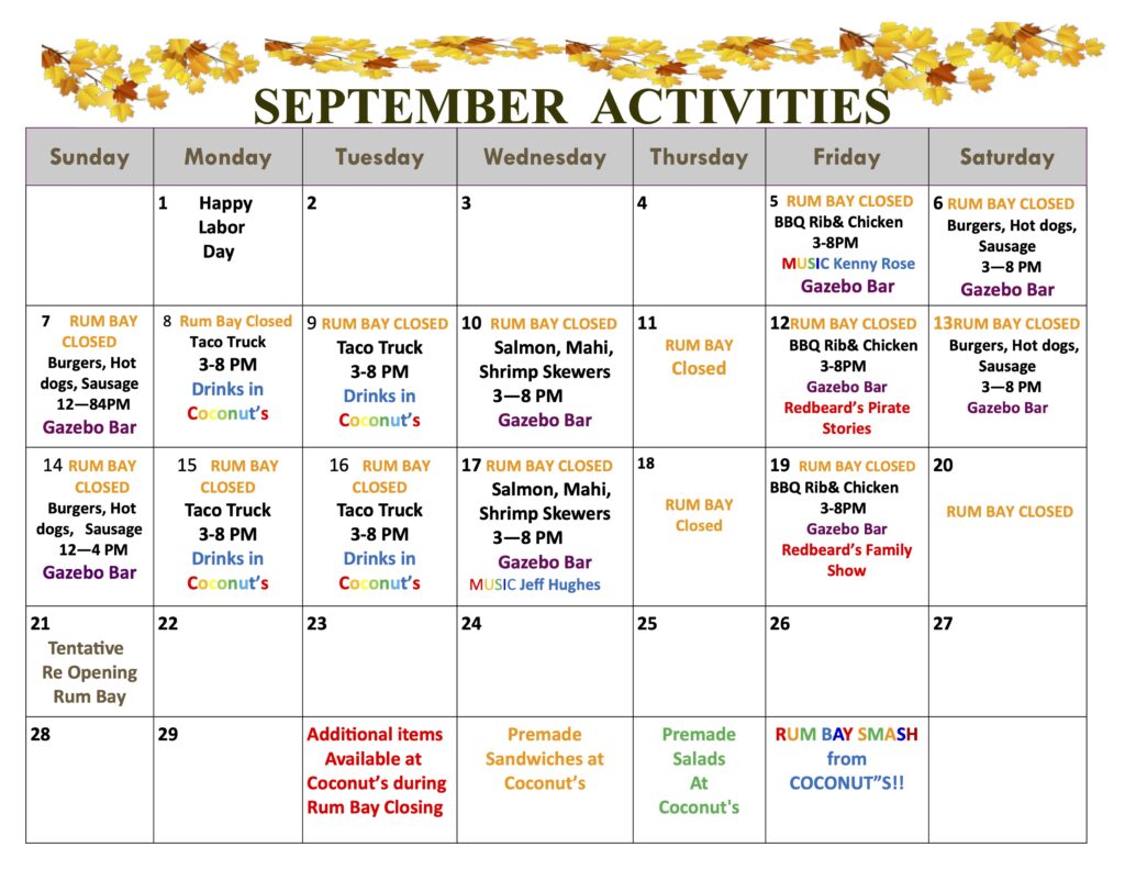 September 2025 closure calendar for Rum Bay Restaurant at Palm Island Resort near Englewood FL